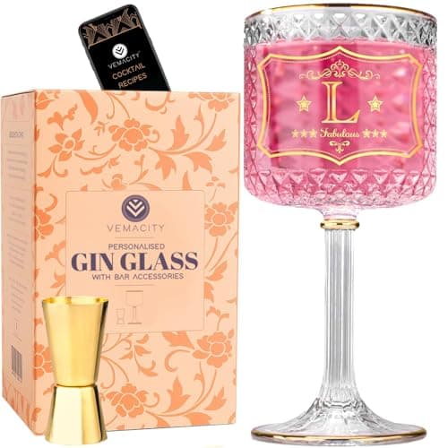 Image of Vemacity Personalised Gin Glass Gifts for Women | Gold Inital: Letter (L) | Matching Gold Bar Accessory | Gin Gifts for Women with Double-Sided Jigger | Aperol Spritz Glassware | Ideal for Gifting