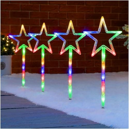 Image of ADEPTNA 4 Pack Star Path Lights - 60 LED Battery Operated Garden Stake With 8 Modes - Outdoor Xmas Decor for Pathways, Walkways, Lawn, Driveway - Perfect for Christmas (Multicolour)