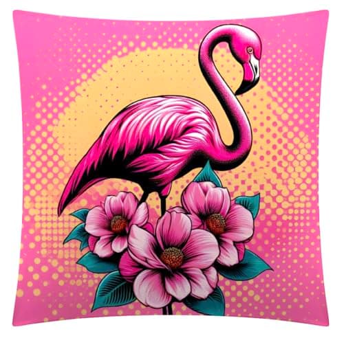 Image of The Beach Stop Colourful Pretty Pink Floral Flamingo Accent Cushion Cover | Pop Art Home Decor Inspo | Gift Idea for Bird Lovers | 45x45cm 18x18” | Pretty Pink Flamingo