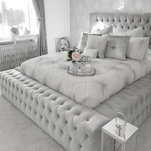 Image of Attock Beds Chesterfield Plush Velvet Upholstered Regal Ambassador Bed Frame and Headboard - Hand Made in the UK - Double/Kingsize/Superking (Grey Plush, Double 4ft6 Bed Frame)
