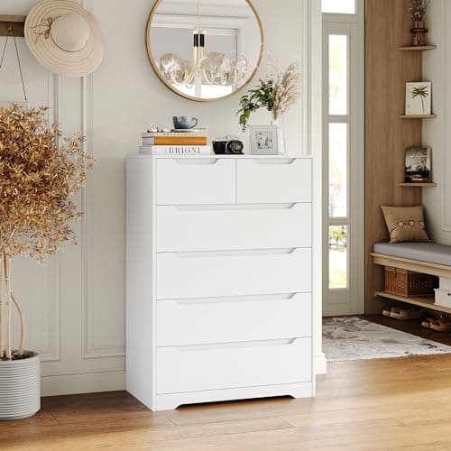 Image of HOCSOK 6 Drawer Chest of Drawers White 6 Drawer Dresser Wood Storage Cabinet with 6 Drawers Tall Cupboard for Bedroom Living Room Office Hallway, 110.5 x 70 x 40 cm