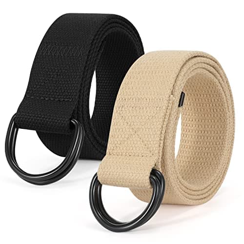 Image of SUOSDEY 2 Pack Mens Canvas Belt with Double D-Ring,Durable and Adjustable Casual Web Belt with Metal Buckle for Jeans Black Khaki