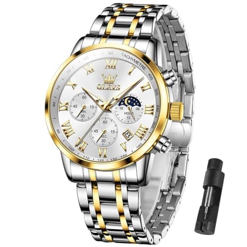 Image of OLEVS Men Multifunction Watch, Multi Dial Waterproof Luminous Chronograph Men's Watch with Date Gift for Men,Stainless Steel Watches for Men,Classic Men Wrist Watch, gold sliver band white face-5529G