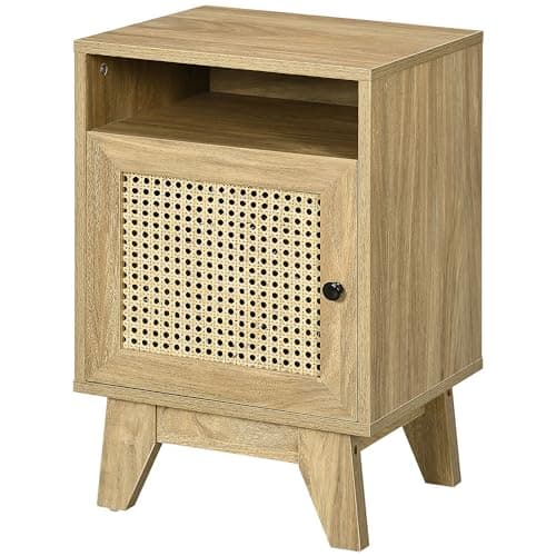 Image of HOMCOM Nightstand, Bedside Table with Storage Shelf and Door Cupboard, Bedside Cabinet with Rattan Front Bedroom, Natural
