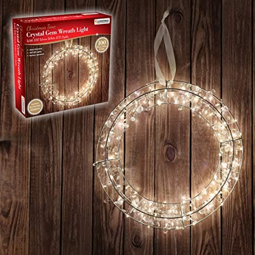Image of The Christmas Workshop 89060 Crystal Gem Wreath Light / 100 Warm White LEDs / 16 Inch Diameter/Battery Operated/Hanging Ribbon Included/Silver Frame Colour/Static Christmas Lighting