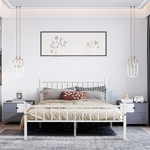 Image of ReseeZac Small Double Bed Frame 4ft Metal Bed with Headboard, Metal Platform with High Storage Space,White,120 x 190 cm