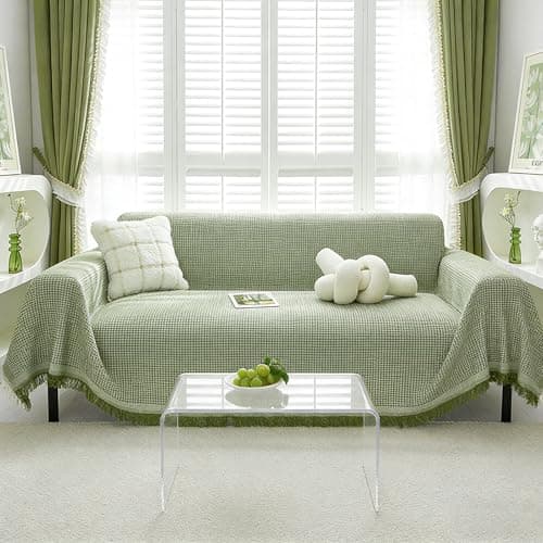 Image of Minicoco Sofa Cover 2 3 Seater Sofa Covers with Tassel Cotton Blend Waffle Slipcover Reversible Washable Couch Cover for Dogs Furniture Protector Soft Washable Breathable Table Cover Green 180x300cm