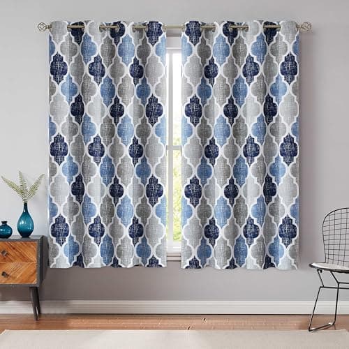 Image of Beauoop Blue Grey Blackout Curtains for Bedroom 54 Inch Drop Geometric Curtains Lattice Moroccan Print Room Darkening Thermal Insulated Energy Efficient Window Curtain Drapes 2 Panels