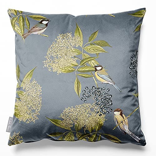 Image of Izabela Peters Cushions With Covers Included, Filled Cushion, Eco-Friendly Velvet Cushions, 45 cm, Bird on Elderflower - French Grey, Chair Cushions, Sofa Cushions, Seat Cushions