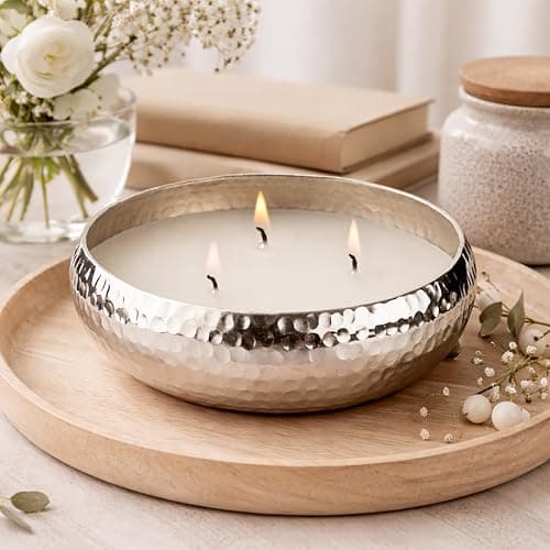 Image of Marco Paul Scented Candle Bowl Large Silver Vanilla Candle Dish, Hammered Tone Home Fragrance Luxury Soy Wax Candle, Autumn Home Décor Dining Table Centerpiece, 3 Wick Silver