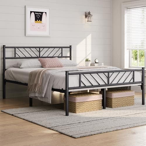 Image of Yaheetech 5ft King Bed Frames Metal Slatted Bed Platform with Arrow Design Headboard, Under-bed Storage, No Box Spring Needed, Black