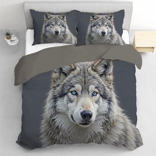 Image of DLERFLOVR Double Duvet Cover Sets, Comfy Breathable Close-Up Of A Wolf'S Head Bedding Set Ultrasoft Reversible Realistic Style Quilt Cover Non Iron with Pillowcases, 200x200cm Grey