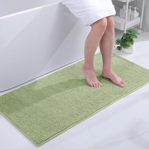 Image of smiry Non Slip Chenille Bath Mat, 60 x 120 cm, Extra Soft Large Bathroom Mat Runner, Highly Absorbent Bath Mats for Bathroom Floor, Machine-Washable Quick Dry Foot Mat, Green