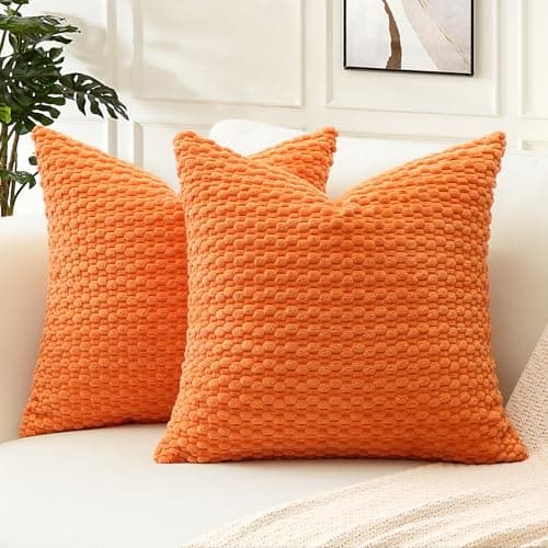 Image of Artscope Pom Poms Decorative Corduroy Cushion Covers 40x40cm Super Soft Boho Striped Square Pillow Covers Case Geometric for Sofa Couch Bedroom Car Decor Set of 2, Orange