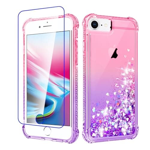 Image of Pilaru for iPhone SE 2022/2020(3rd/2nd) & 6/6S/7/8 Case Clear Liquid Heart Lovely Glitter Soft TPU Cover Transparent Girly Protective Phone Case for iPhone 6/6S/7/8,Pink/Purple