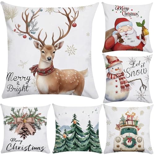 Image of Xyxu Christmas Cushion Covers Set Of 6, Merry Christmas Decorations indoor Colorful Xmas Pillow Cases Covers, Soft Plush Cartoon Winter Xmas Design Cushion Covers 40 x 40 cm for Sofa Decor indoor