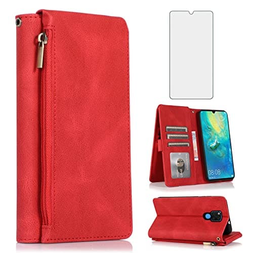 Image of Compatible with Huawei Mate 20 X 5G Wallet Case Tempered Glass Screen Protector Zipper Retro Leather Flip Cover Card Holder Stand Cell Accessories Phone Cases for Mate20X 20X 7.2 inch Women Men Red