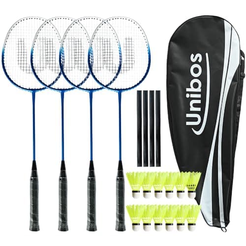 Image of Unibos | Badminton Rackets Set Of 4 For Outdoor Backyard Games, Including 4 Rackets, 12 Nylon Shuttlecocks, 4 Replacement Grip Tapes & 1 Carrying Bag