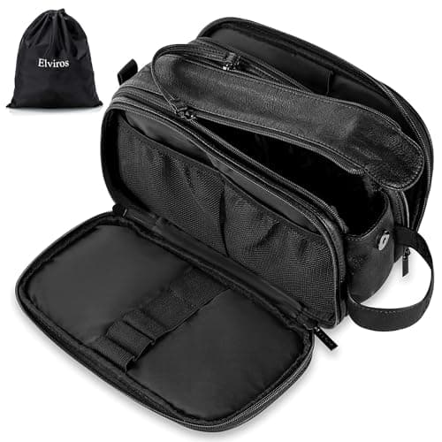 Image of Elviros Water-Resistant PU Leather Toiletry Bag for Men Large Travel Wash Bag Shaving Dopp Kit Bathroom Gym Toiletries Makeup Organizer with Wet Dry Bag,Gift for Men(Black)