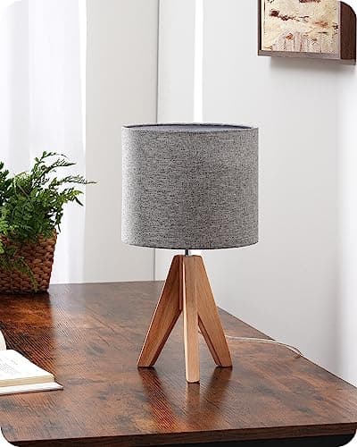 Image of EDISHINE 36cm Wood Bedside Table Lamp, Tripod Desk Lamp with Grey Linen Lampshade, On-Off Switch, Desk Lamps for Reading, Bedroom, Living Room, Study, Office, E27 Base