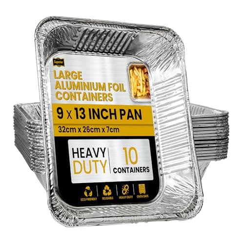 Image of Superior Large Foil Aluminium Trays Pack of 10 – Heavy-Duty Deep Tin Foil Trays 32 x 26 cm Ideal for Cooking Baking Roasting BBQ Meal Prep Storage Tray – Foil Containers for Christmas Parties