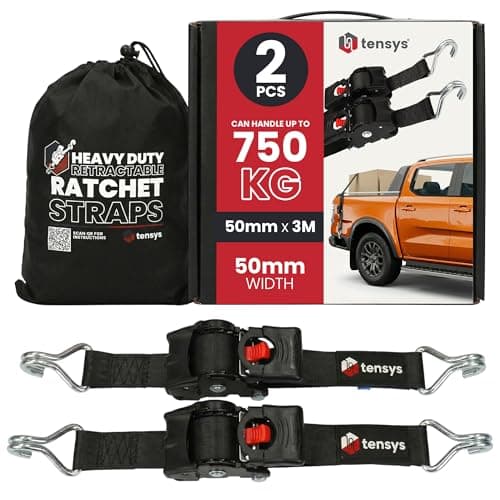 Image of TENSYS Auto Retractable Ratchet Tie Down Straps Set – Heavy Duty Self Retracting Rachet Strap with Hooks for Cargo Luggage Motorcycle Furniture Roof Rack Accessories Rope Cord Black, 2 Pack, 50mmx3m