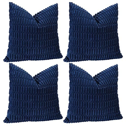 Image of Sungeek Set of 4 Soft Corduroy Decorative Cushion Covers 45x45cm Square Striped Throw Pillow Covers 18x18 Inch for Sofa Couch Living Room Patio Farmhouse Boho Home Decor Pillowcases (Navy Blue)
