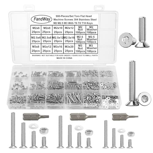 Image of FandWay 900Pcs Bolts and Nuts Set,M2 M2.5 M3 Torx Countersunk Machine Screws,Flat Head Torx Screws,304 Stainless Steel Bolts and Washers Set Fully Threaded With T6 T8 T10 Wrench.