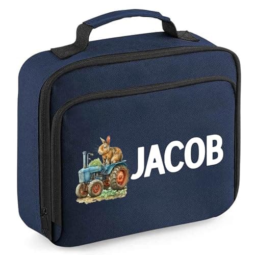 Image of Personalised Tractor Lunch Box Kids Boys Girls Back to School Accessories Toddlers, 24cm x 20cm x 8cm, Navy