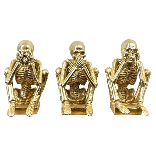 Image of Alfie Francis Set of 3 Gold Skeleton Ornaments Figurines See Hear Speak No Evil 3 Wise Skull Gothic Decor