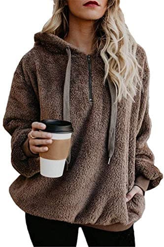Image of Yanekop Womens Oversized Sherpa Jacket Fuzzy Fleece Zip Up Jacket Warm Winter Coats Faux Fur Coat with Pockets(B Brown,M)