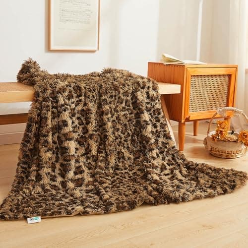 Image of XeGe Luxury Faux Fur Leopard Print Throw, Soft Cheetah Print Fluffy Blanket, Shaggy Plush Decorative Couch Throw, Cute Furry Fuzzy Animal Single Blanket for Sofa Bed Chair Office, Brown