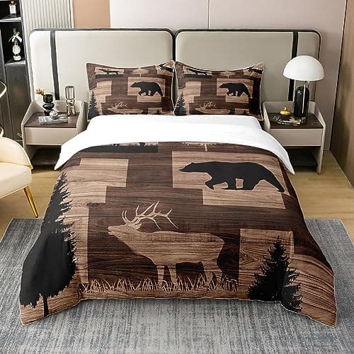 Image of Homewish Rustic Cabin Lodge 100% Cotton Duvet Cover Double,Hunting Elk Deer Bear Comforter Cover,Country Farmhouse Old Barn Door Bedding Set,Wild Animals Woodland Adventure Bedspread Cover,Brown