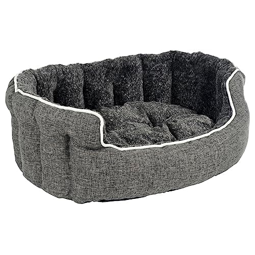 Image of HIGHLAND PET QUALITY PET PRODUCTS Oval Dog Bed Sofa Luxury Linen Fabric Plush Cushion Scallop Sides Grey - Large