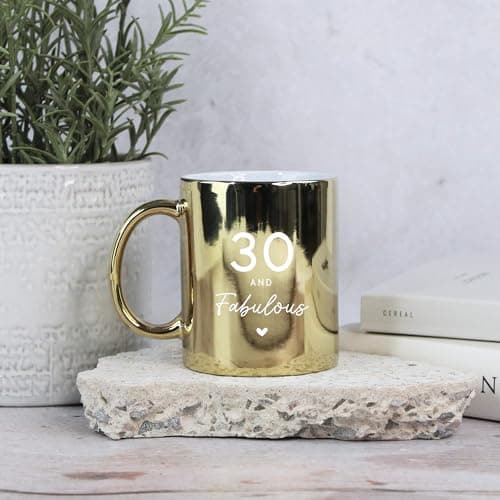 Image of eBuyGB Shiny Gold Mug, 30 & Fabulous Ceramic Coffee Cup, Milestone Birthday, 30th Birthday Gift for Her, Sister, Daughter, Friend