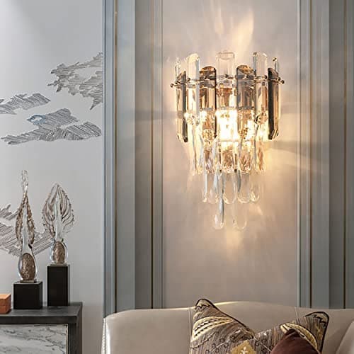 Image of Sxtiger Modern Crystal Wall Lamp, E14 Crystal Wall Sconce Light, for Bedroom Living Room Kitchen Hallway Stairs Restaurant Hotel Lighting (Smoky Gray)