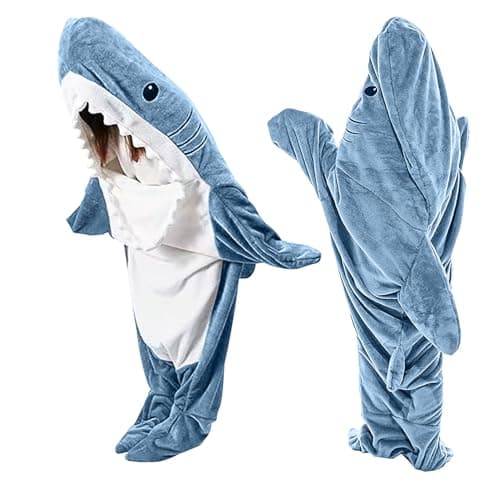 Image of TBGENIUS Shark Blanket Onesie Shark Hoodie for Adults and Kids, Cozy Flannel Shark Costume Shark Sleeping Bag