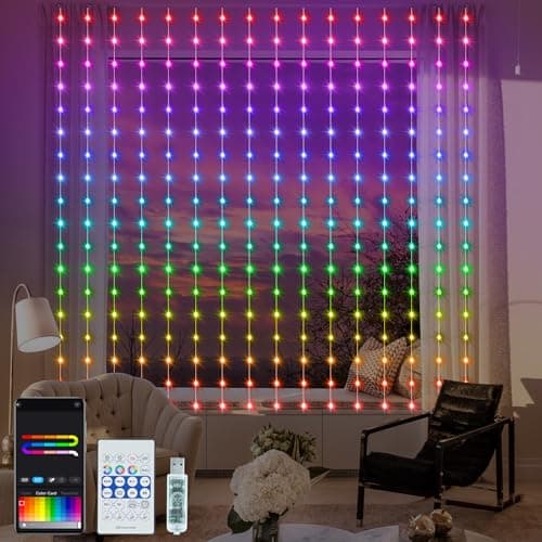 Image of ZAIYW 144 LED Intelligent Light Curtain RGB 5050 with Integrated Chip, 2.4M x 1.8M Curtain Fairy Lights Remote Control and APP Control, Fairy Lights Curtain Indoor for Background Terrace Bedroom