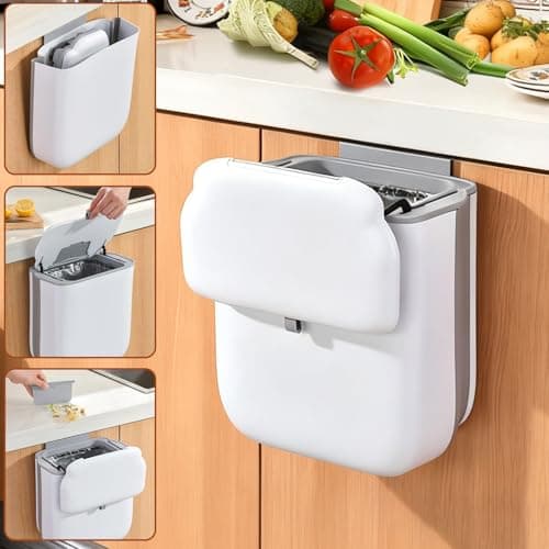 Image of AVAKKER 10L Food Waste Bin with Lid, Hanging Kitchen Bin Over the Cabinet Door, Foldable Slim Kitchen Cupboard Bin for Kitchen RV Office, Space-Saving, Wall-mounted