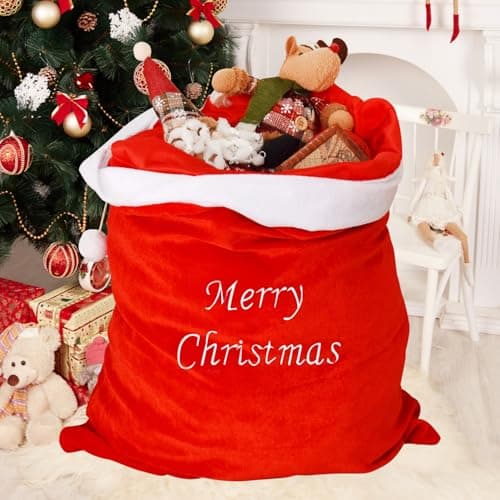 Image of WedDecor Large Santa Sack Bag, Plush Red Velvet Christmas Gift Sack with White Trim, Embroidered Holiday Present Holder with Drawstring Pom Pom, Xmas Eve Gift Bag for Toys (50cm x 70cm)