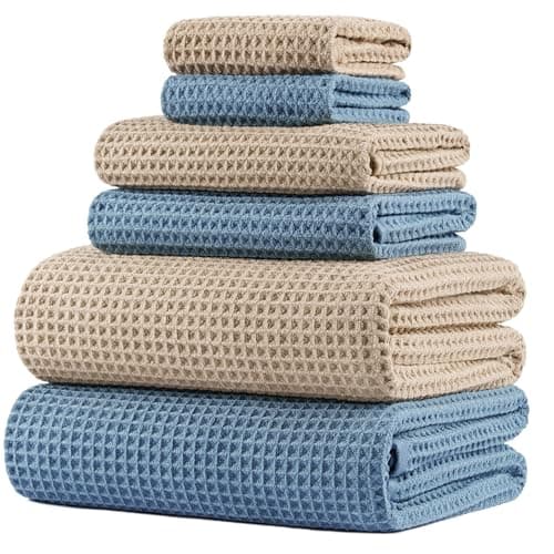 Image of POLYTE 430 gsm Microfibre Quick Dry Lint Free Oversize Bath Towel Set, 6 Piece (Waffle Weave)
