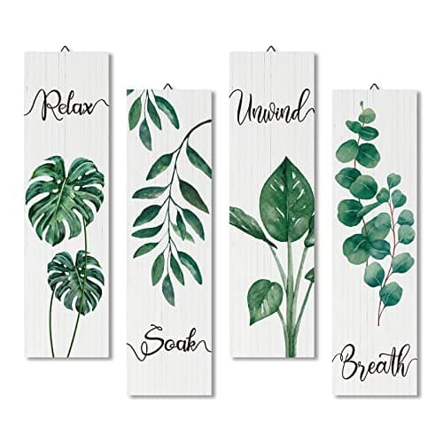 Image of decalmile 4 Pieces Tropical Palm Leaves Wooden Signs Hanging Wall Plaque Boho Leaf Wall Decor Sign for Bathroom Living Room Home Art Decor