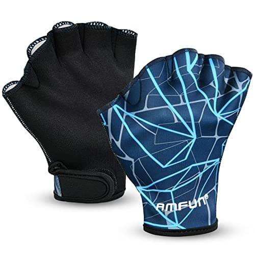 Image of AMFUN Aquatic Gloves, Webbed Swimming Gloves, Water Training Paddle with Adjustable Wrist Strap, Adult Aquatic Fitnesster Water Resistance Training Accerssories for Diving Surfing Hand Men Women (M)