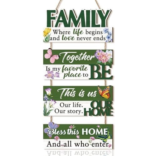 Image of HPNIUB Family Themed Wooden Hanging Sign Green Rustic Vintage Wall Plaque with Floral Butterfly Inspirational Quotes Wall Art Living Room Entryway Porch Hallway Indoor Home Decor Housewarming Gift