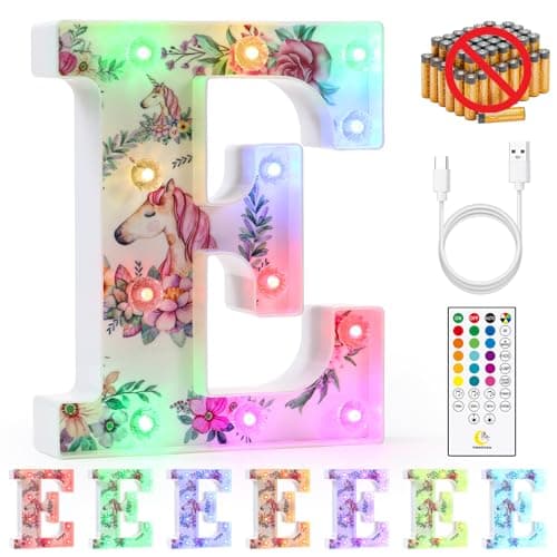 Image of mooncow Rechargeable Unicorn Light Up Letters,Durable Marquee Letters,Colorful Initial Night Light with Remote,Wall Decor,Bedroom Decor,Party Decoration,Gift Wrap Gifts (E)