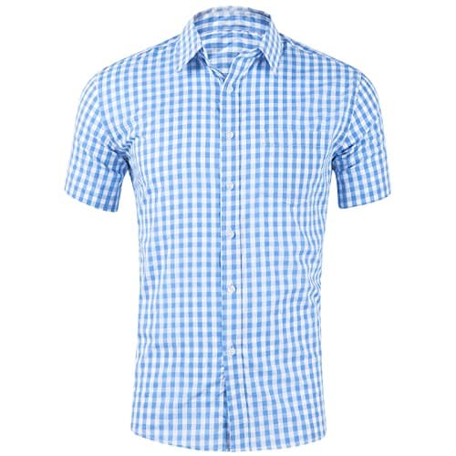 Image of Men's Casual Checkered Button Down Shirt Cotton Short Sleeve Gingham Dress Shirts Regular Fit for Pocket Business Formal Casual Shirt Work Check Shirts for Men UK Light Blue
