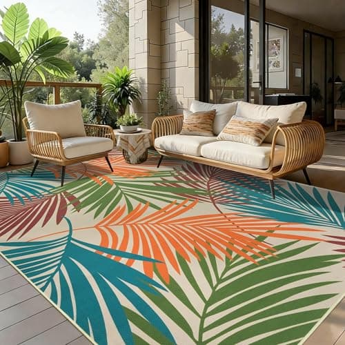 Image of Cekene Indoor Outdoor Rug 160x230cm Colorful Washable Area Rugs for Living Room Tropics Palm Leaves Flat Woven Carpet for Garden Patio Backyard Deck Bedroom Dining Room