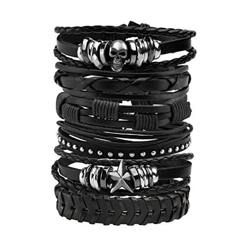 Image of MILAKOO 6 Pcs Leather Bracelet Black Brown Braided Wide Wristband Women Men Punk Jewelry Skull