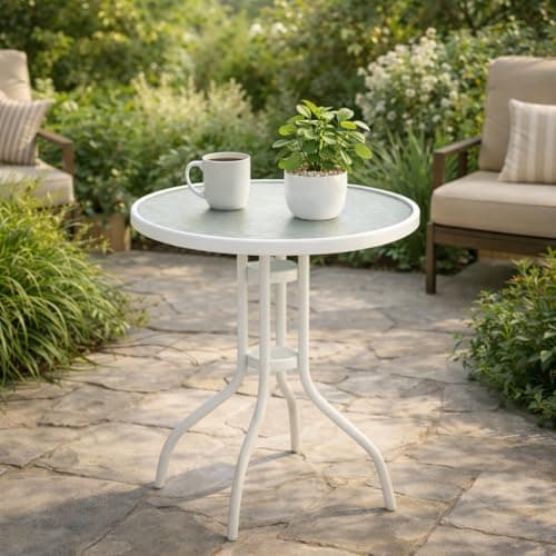 Image of Emirates Living Round Glass Garden Table – Tempered Glass Top Patio Bistro Table with Sturdy Metal Frame, Weather Resistant Outdoor Table for Balcony, Garden, Patio & Indoor Use - White