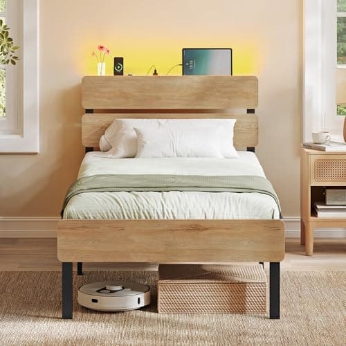 Image of VASAGLE Single Metal Bed Frame, 90 x 190 cm, LED Lights, USB and Type-C Ports, Under-Bed Storage Space, Industrial Style, Easy Assembly, Natural Brown, RMB101K01